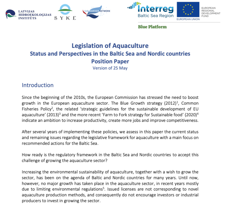 Legislation of Aquaculture Status and Perspectives in the Baltic Sea and Nordic countries Position Paper